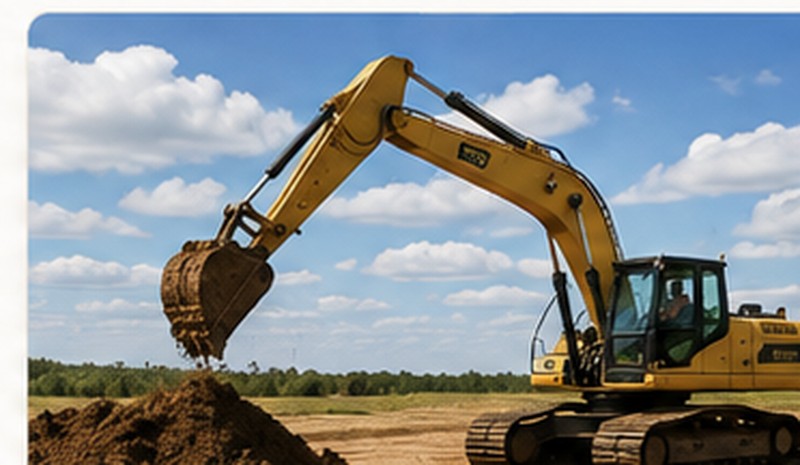 Excavator performing dirt work on rural land